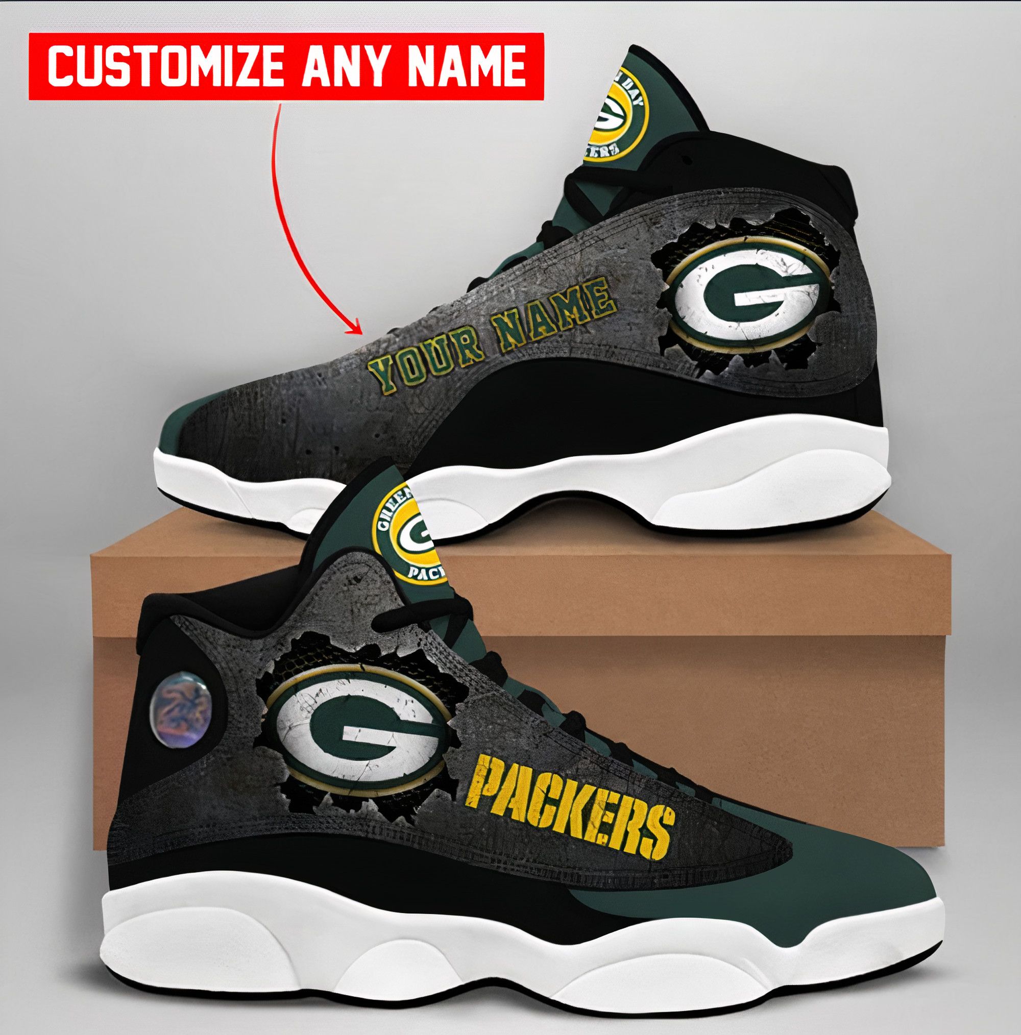 Green Bay Packers G8 NFL FOOTBALL Retro AJ13 Sneakers Customized Shoes ...