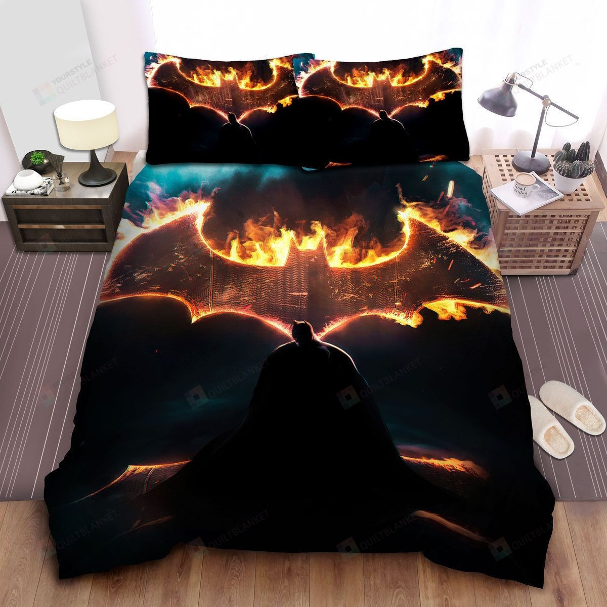 Batman And The Burning Bat Logo Bed Sheets Spread Duvet Cover Bedding