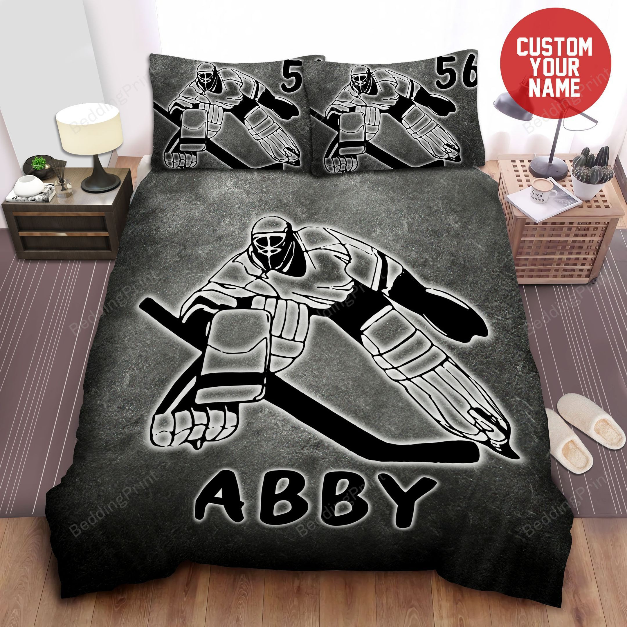 Gray Hockey Goalie Player Personalized Custom Name Duvet Cover Bedding