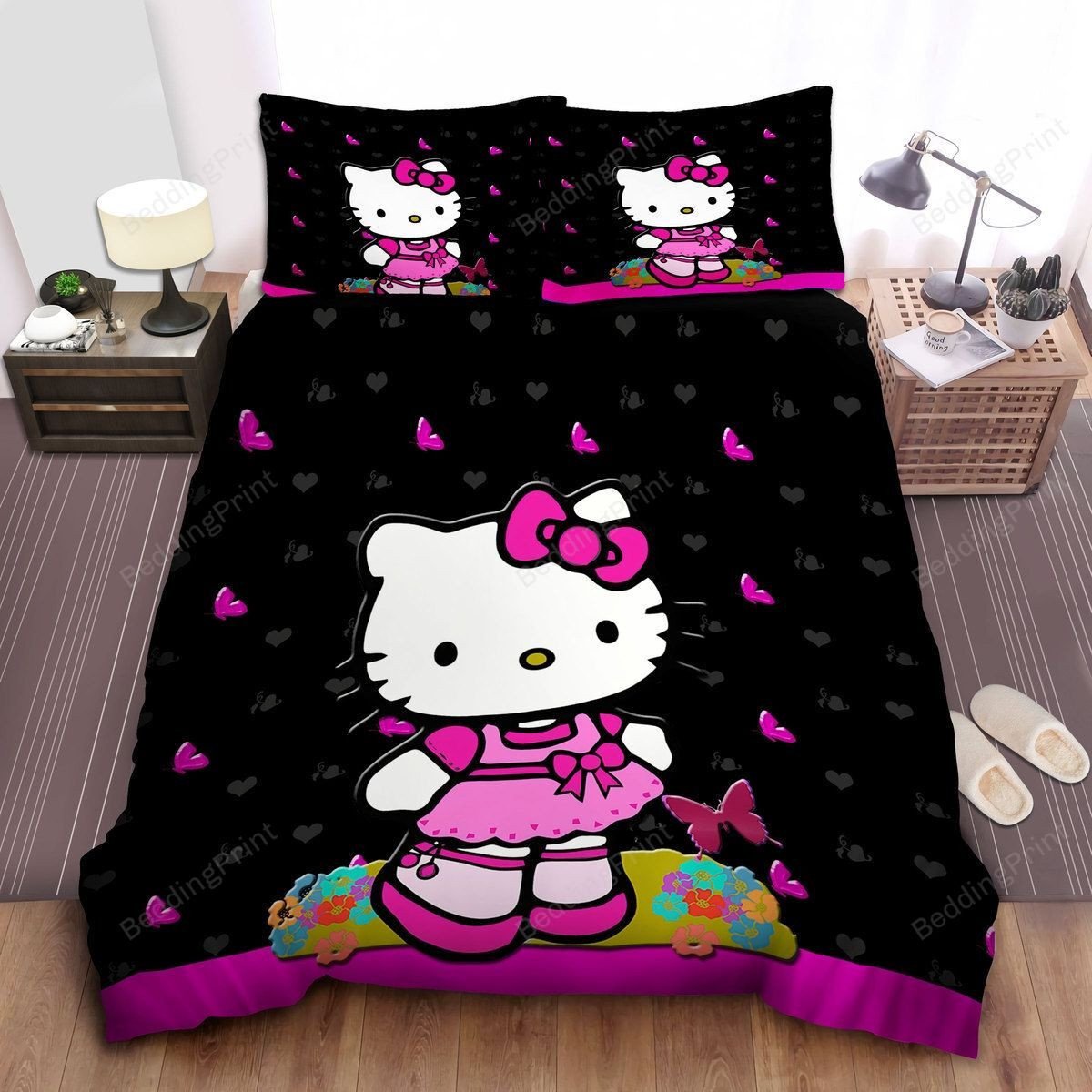 Hello Kitty In Pink Dress & Pink Butterflies Bed Sheets Duvet Cover