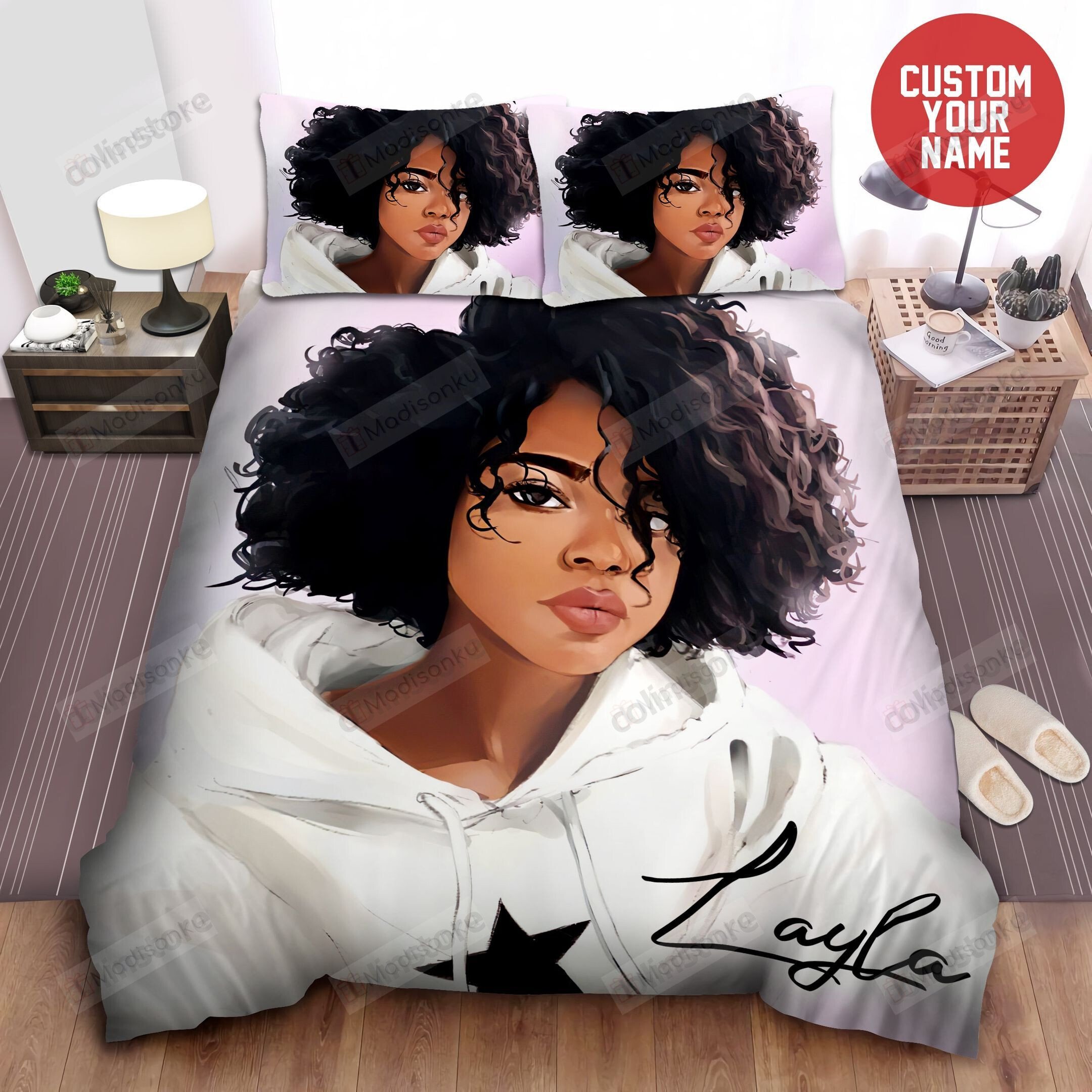 Personalized Black Girl With Cool Hoodie And Curly Hair Bed Sheets Spread Comforter Duvet Cover