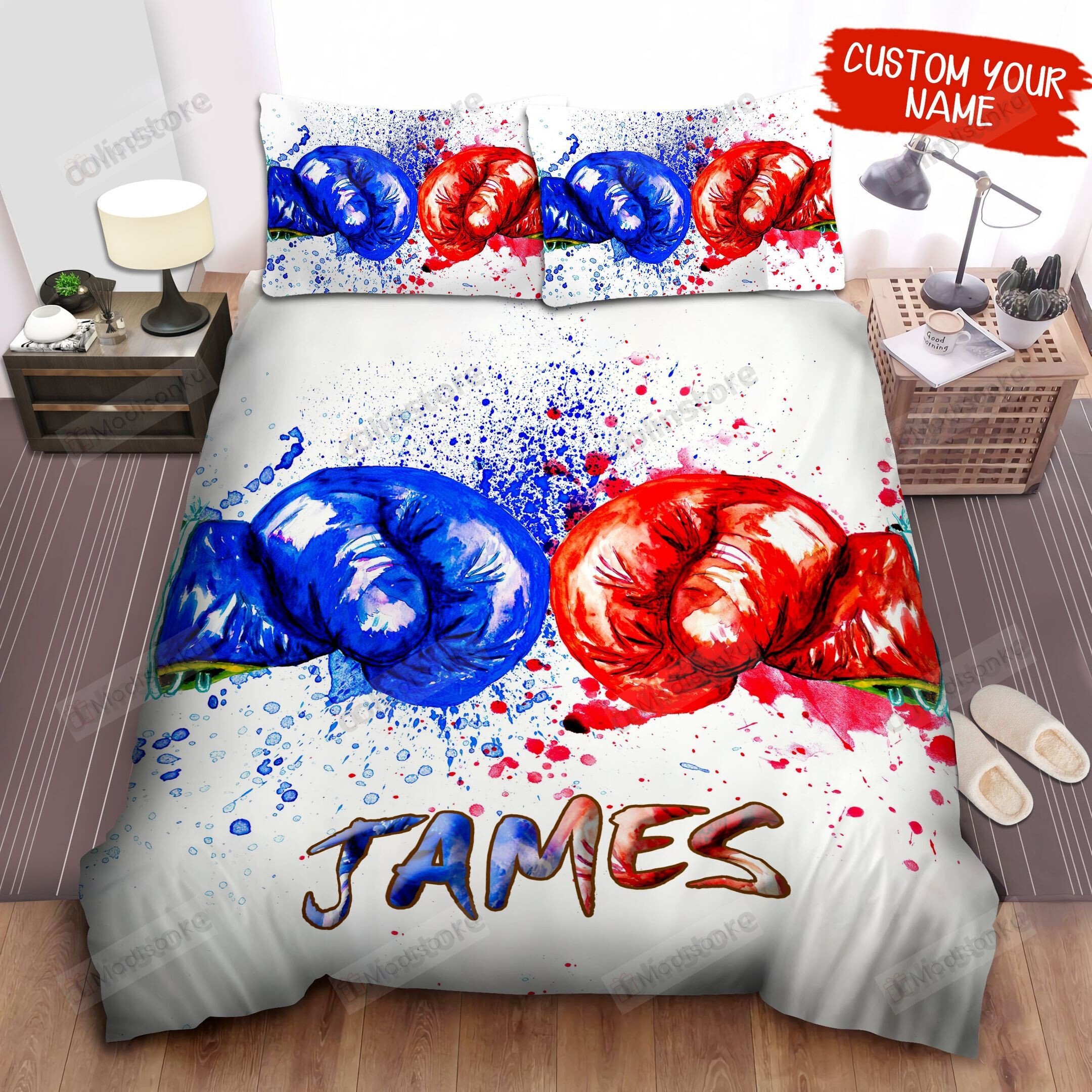 Personalized Boxing Gloves Watercolor Splash Painting Bed Sheets Spread ...