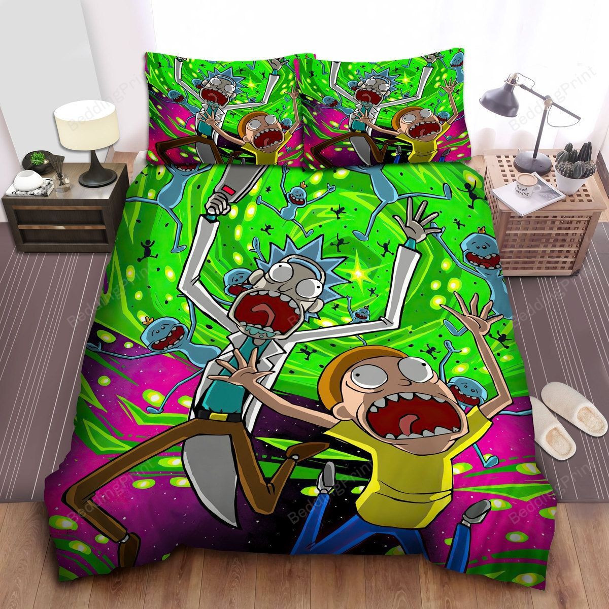 Rick And Morty Being Sucked In Green Portal Bed Sheets Duvet Cover Bedding Sets. PLEASE NOTE