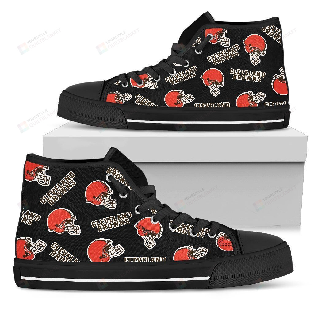 Script Logo Pattern Cleveland Browns NFL Canvas High Top Shoes - HomeFavo