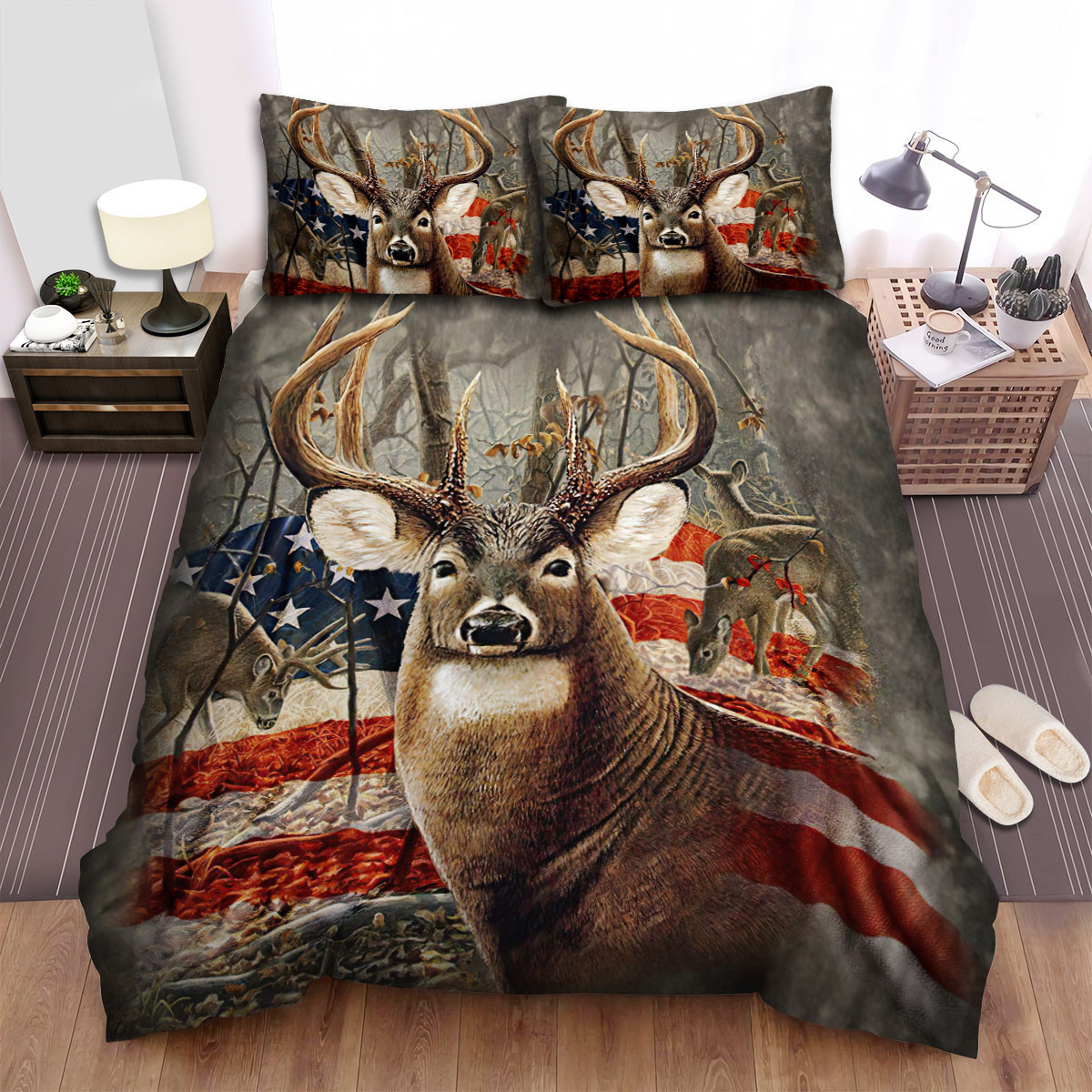 The Hunting Deer And America Flag Bed Sheets Spread Duvet Cover Bedding ...