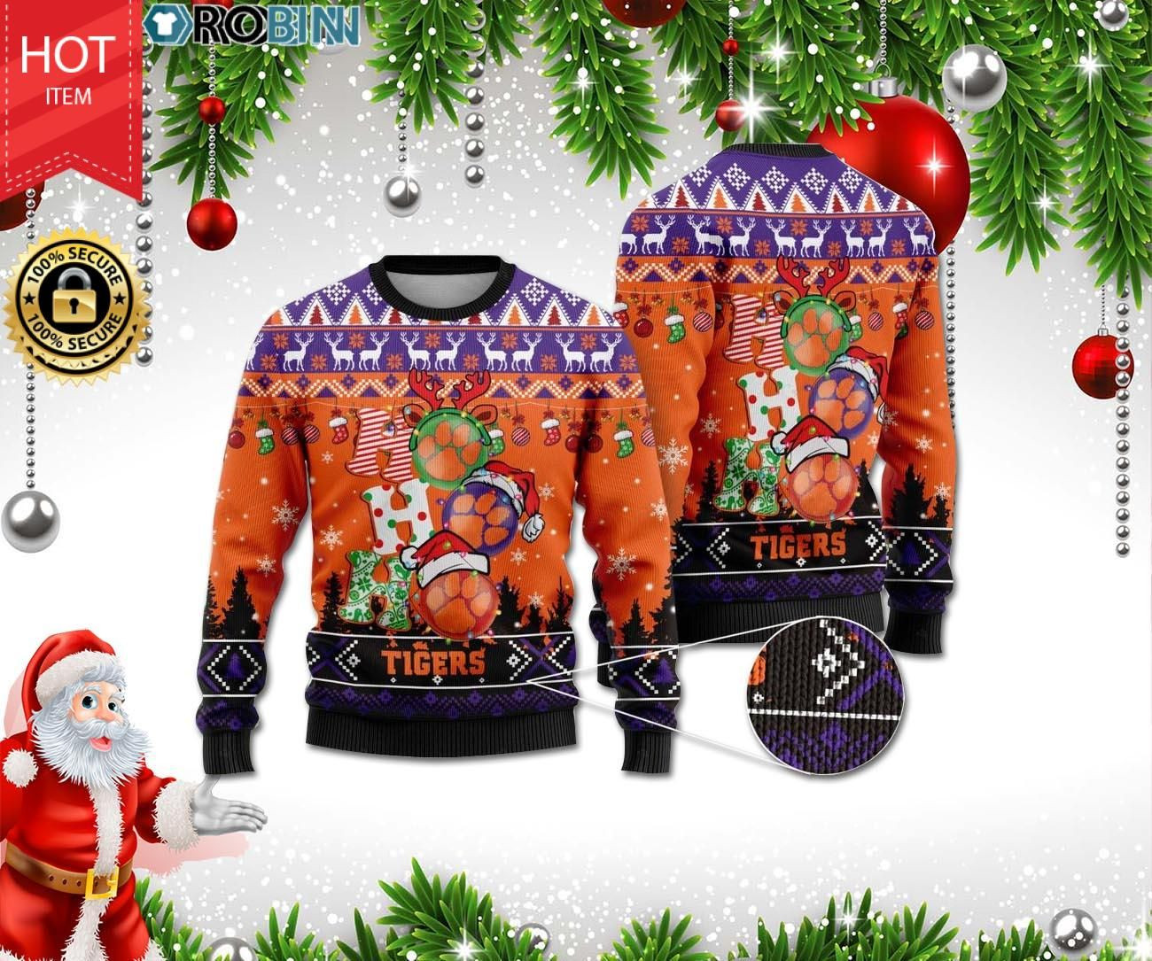 Buy Clemson Tigers Ho Ho Ho 3D Print Christmas Wool Sweater - HomeFavo