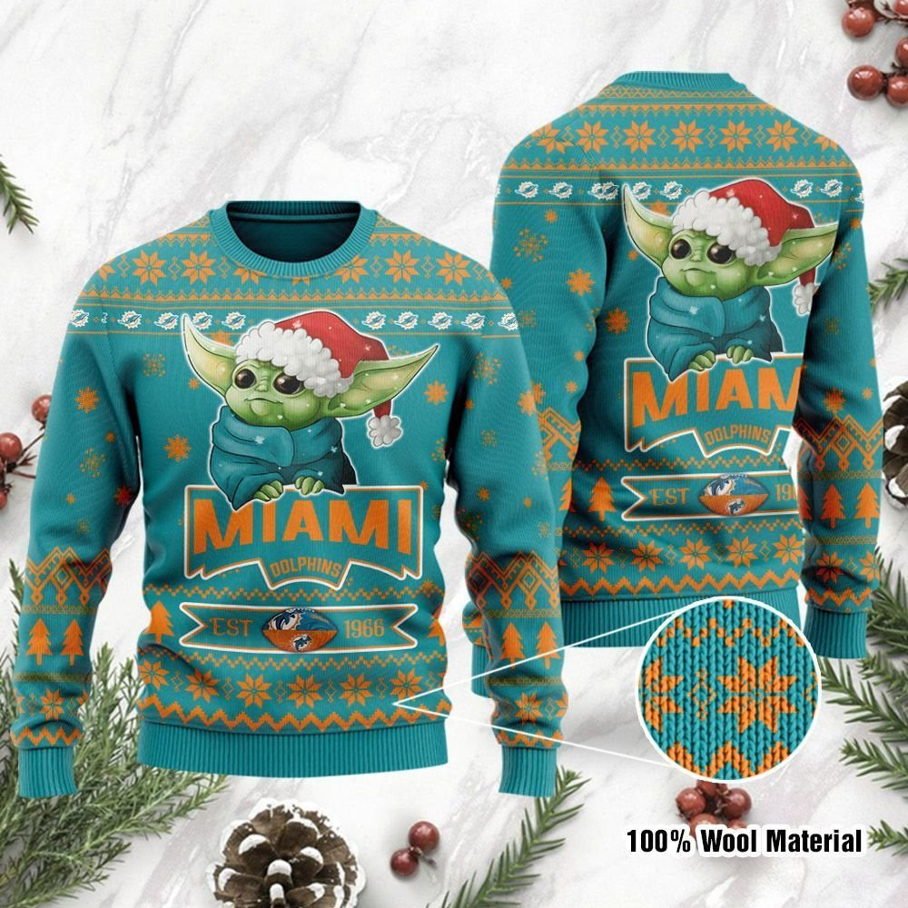 Buy Miami Dolphins Cute Baby Yoda Grogu Ugly Christmas Sweater Ugly ...