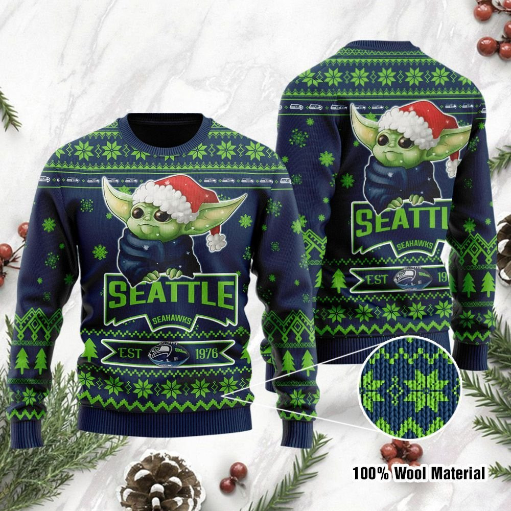 Buy Seattle Seahawks Cute Baby Yoda Grogu Holiday Party Ugly Christmas ...