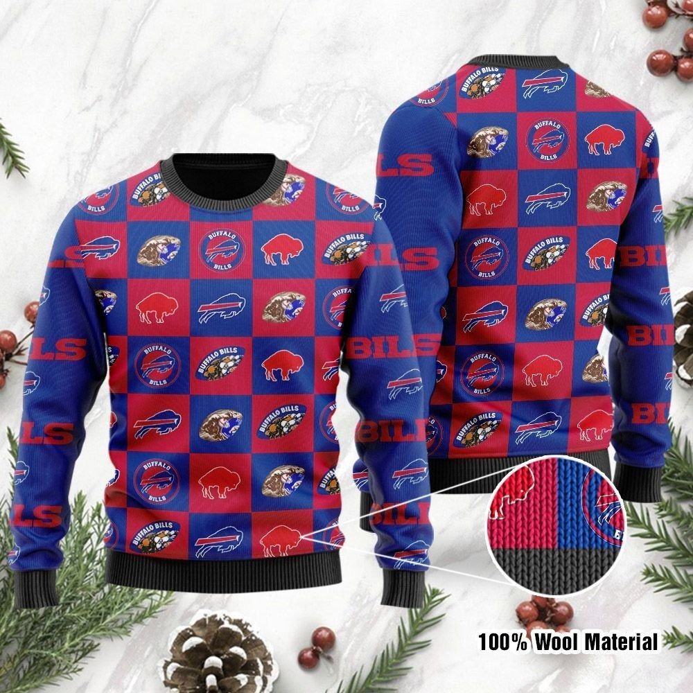 Buy Buffalo Bills Ugly Sweater Logo Checkered Flannel NFL Ugly ...