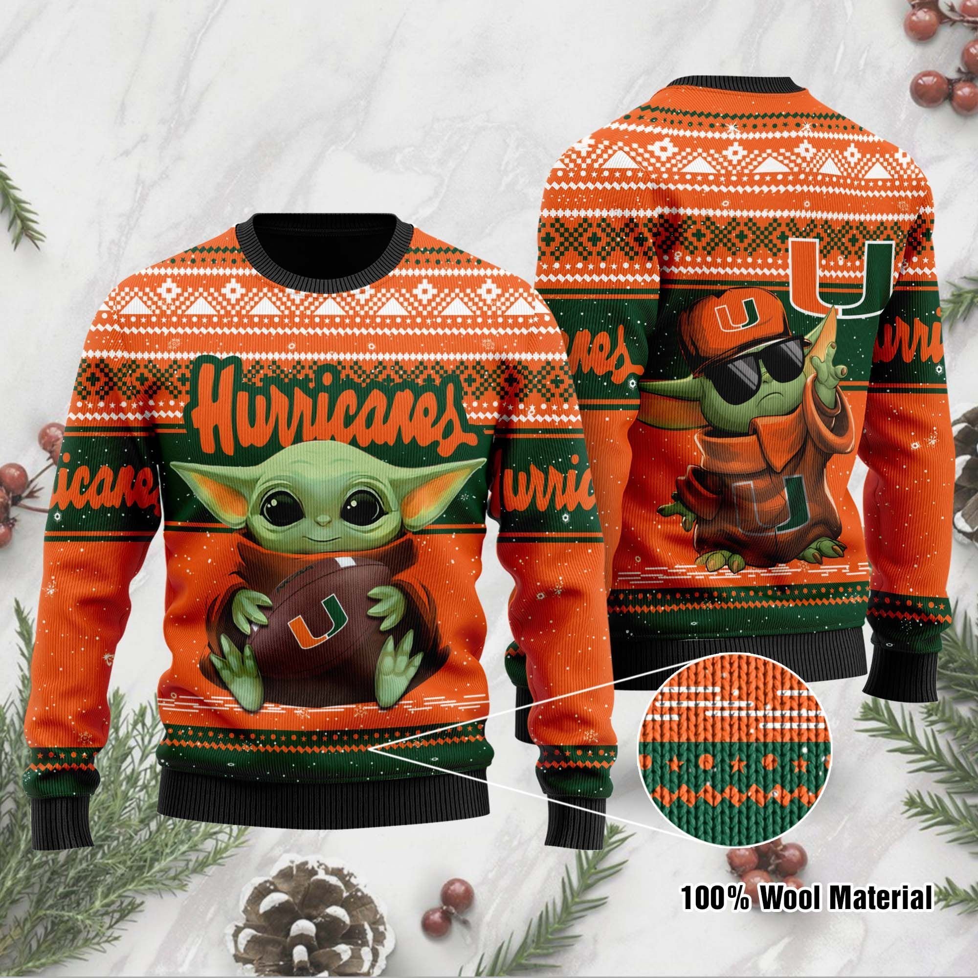 Buy Miami Hurricanes Grogu Baby Yoda Hug Logo Ugly Christmas Sweater ...