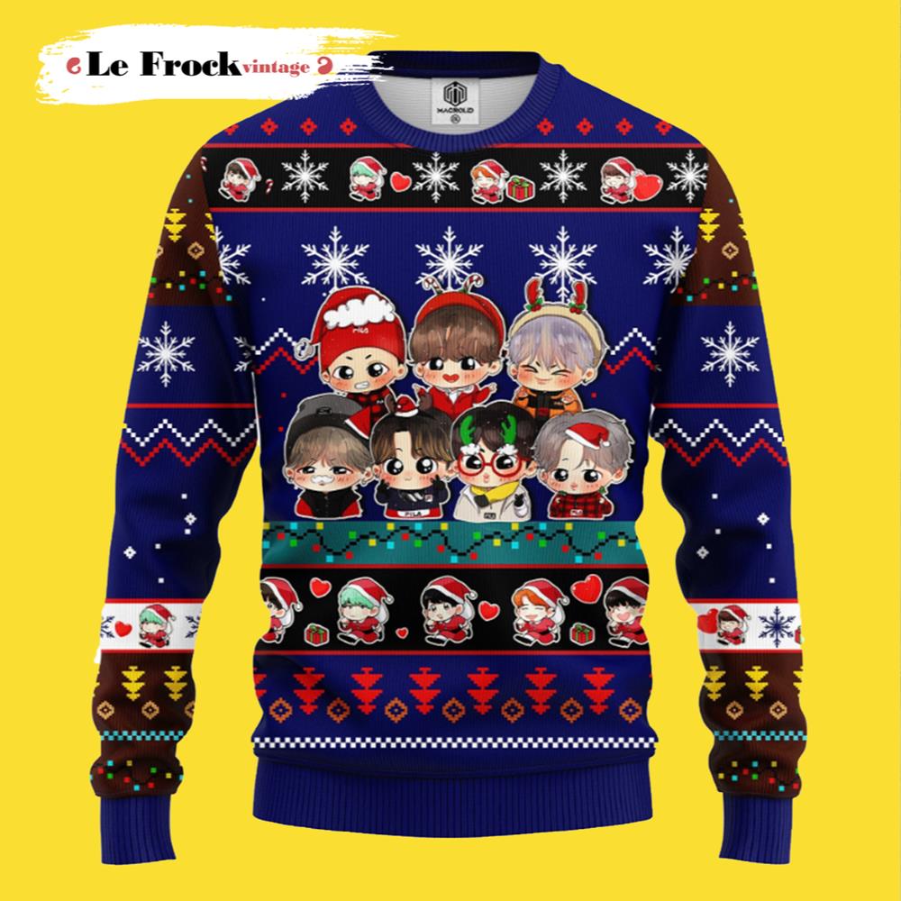Buy Bts Army Chibi Cute Ugly Christmas Sweater Blue 1 - Travis Scott ...