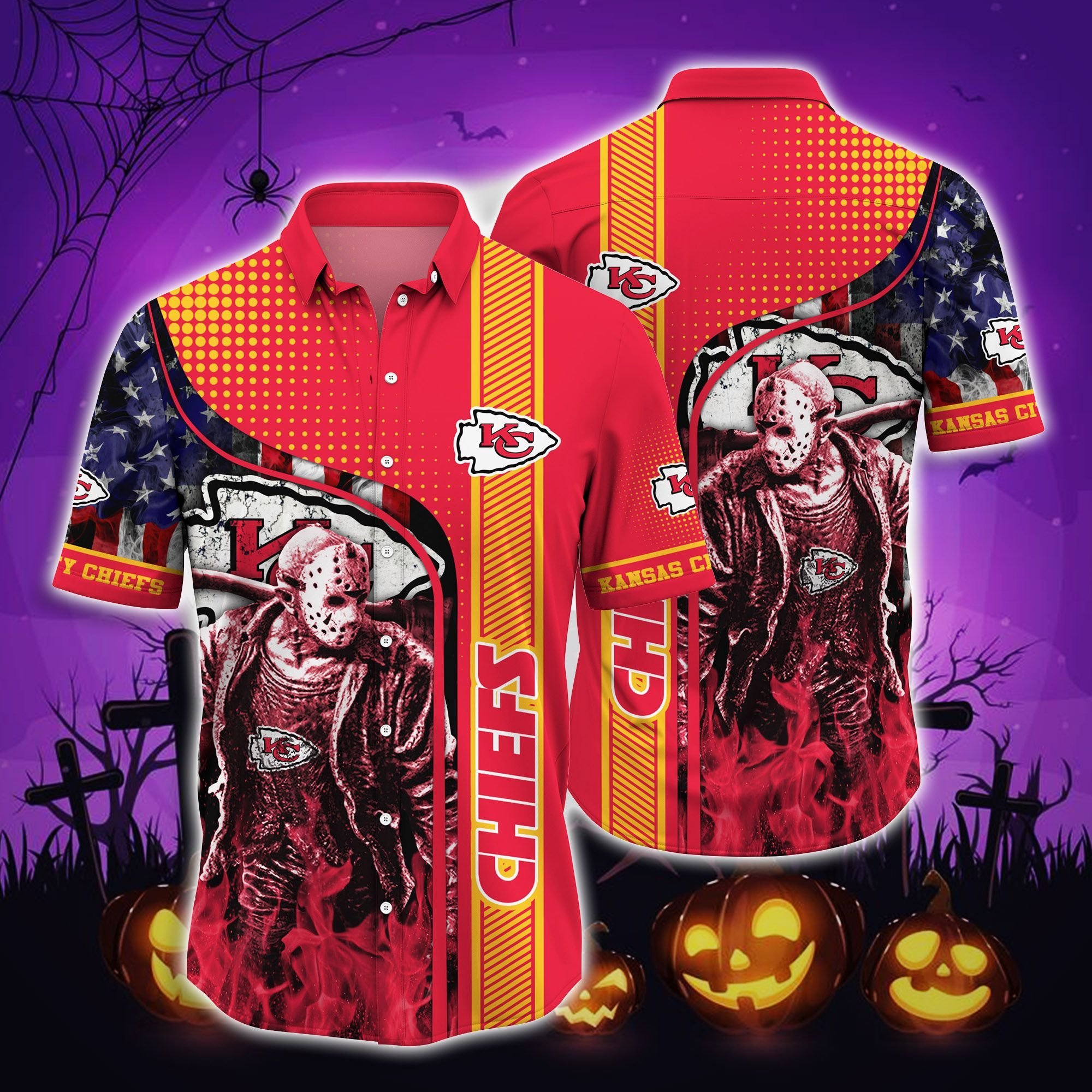 Buy Kansas City Chiefs Halloween-aloha shirt halloween hawaiian shirts hawaiian shirts for men hawaiian shirts for women