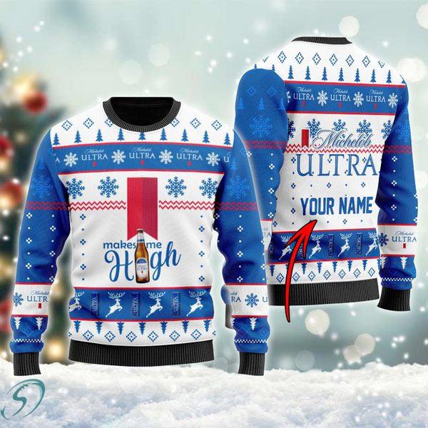 Buy Personalized Michelob ULTRA Makes Me High Christmas Ugly Sweater ...