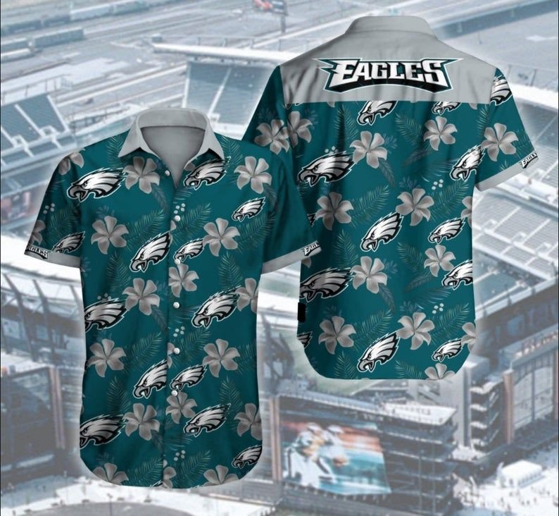 Buy Philadelphia Eagles Hibicus NFL Button Hawaiian Graphic Print Short Sl