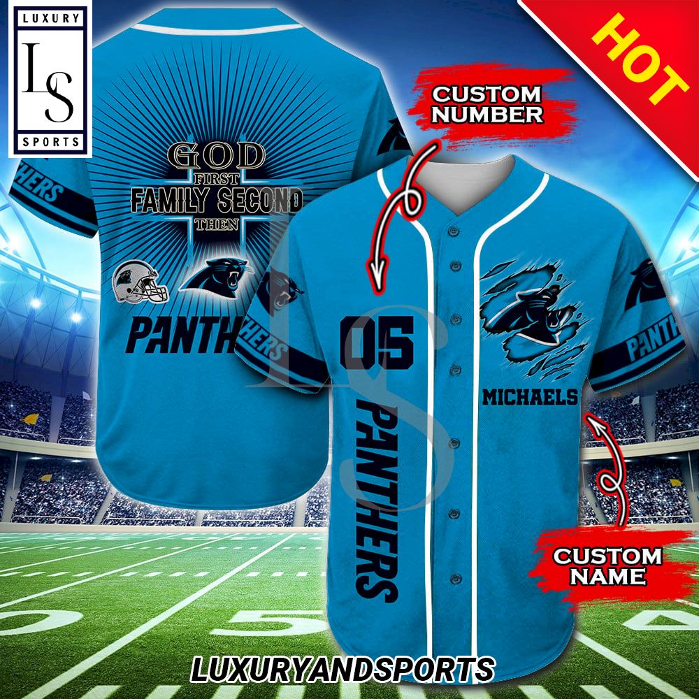 Personalized Carolina Panthers God First Family Second Baseball Jersey ...