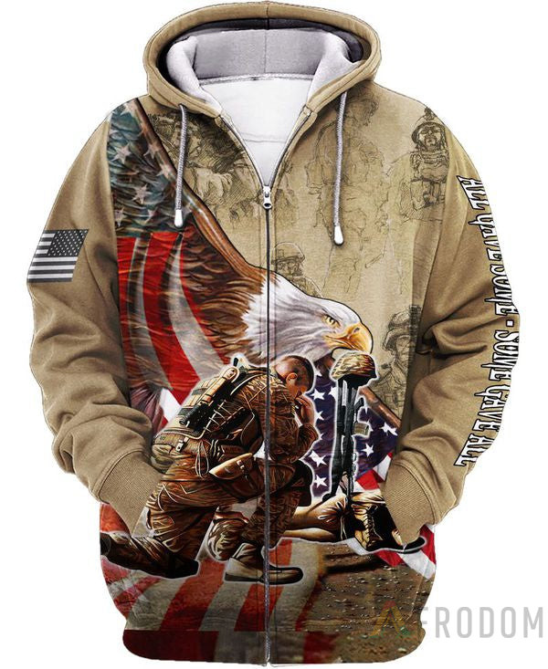 American Flag Eagle Soldier Veteran Zip Hoodie - HomeFavo