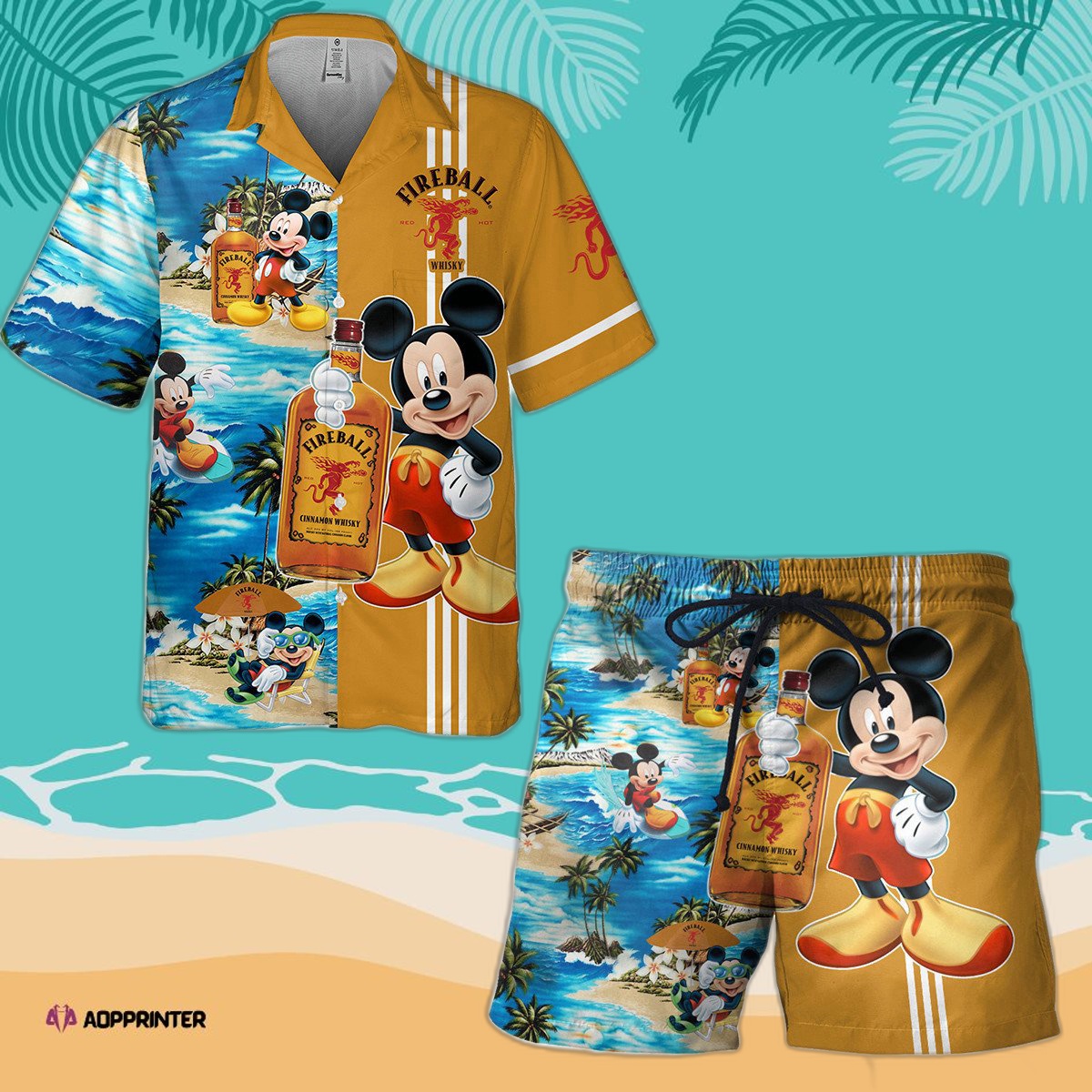 Fireball Cinnamon Whisky Mickey Mouse All Over Print 3D Aloha Summer Beach Hawaiian Shirt