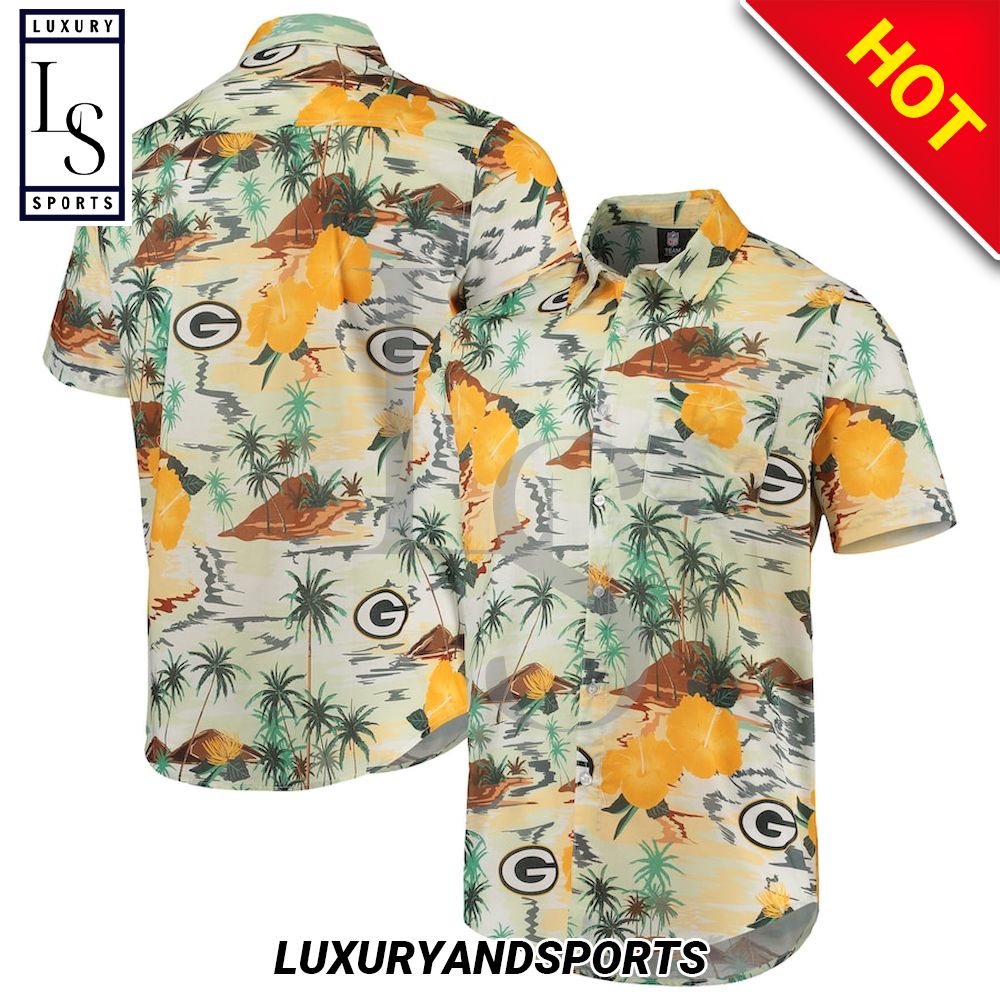 Green Bay Packers Cream Paradise Floral Hawaiian Shirt