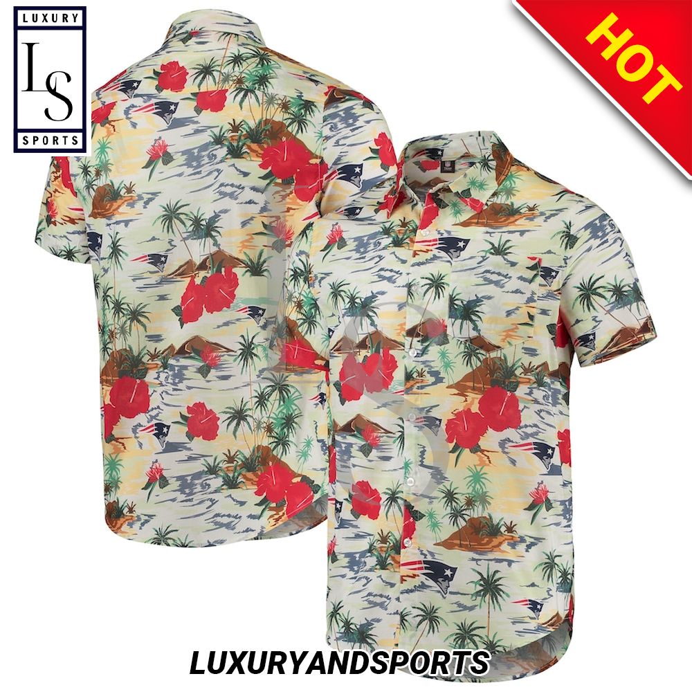 New England Patriots Cream Paradise Floral Hawaiian Shirt