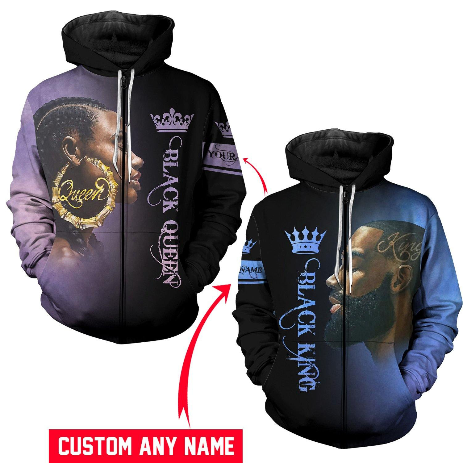 Personalized Black King & Black Queen 3D Pullover Hoodie Zip-up Hoodie