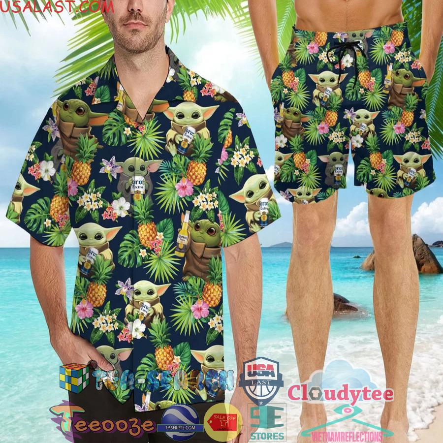 Corona Extra Beer Baby Yoda Tropical Flowery Aloha Summer Beach Hawaiian Shirt