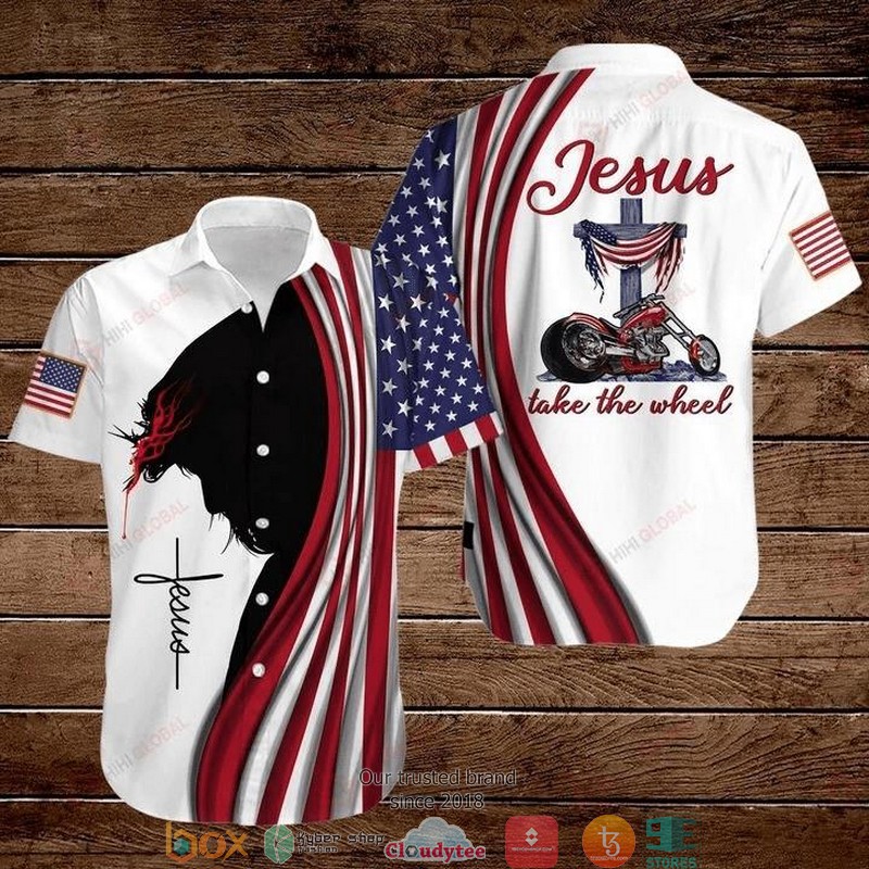 Cross Jesus Bible Americal Flag Biker Jesus Take The Wheel Short Sleeve Hawaiian Shirt