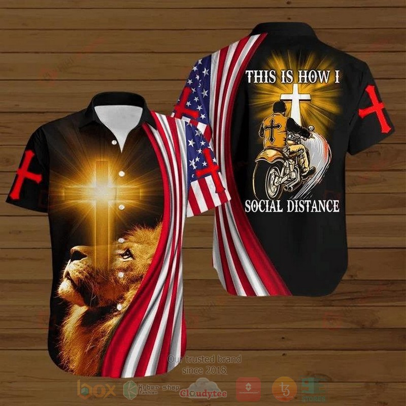 Cross Lion American Flag Biker This Is How I Social Distance Short Sleeve Hawaiian Shirt