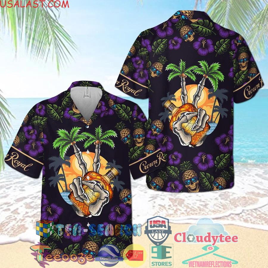 Crown Royal Pineapple Skull Flowery Aloha Summer Beach Hawaiian Shirt