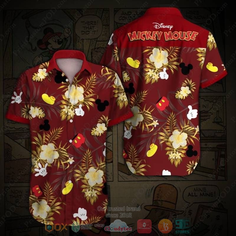 Disney Mickey Mouse Hibiscus Red Hawaiian Shirt