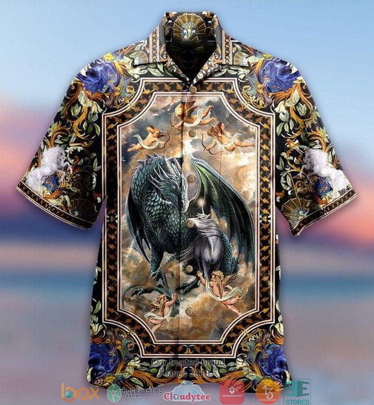 Dragin And Horse Print Short Sleeve Hawaiian Shirt