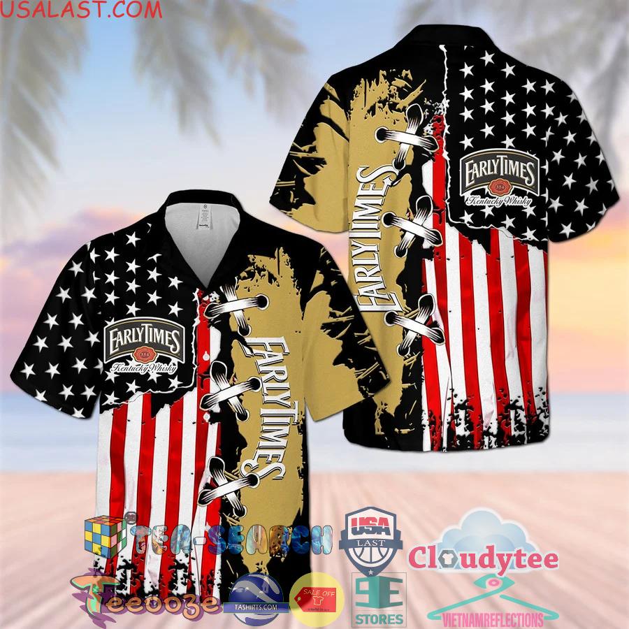 Early Times Kentucky Whisky American Flag Cross Stitch Aloha Summer Beach Hawaiian Shirt