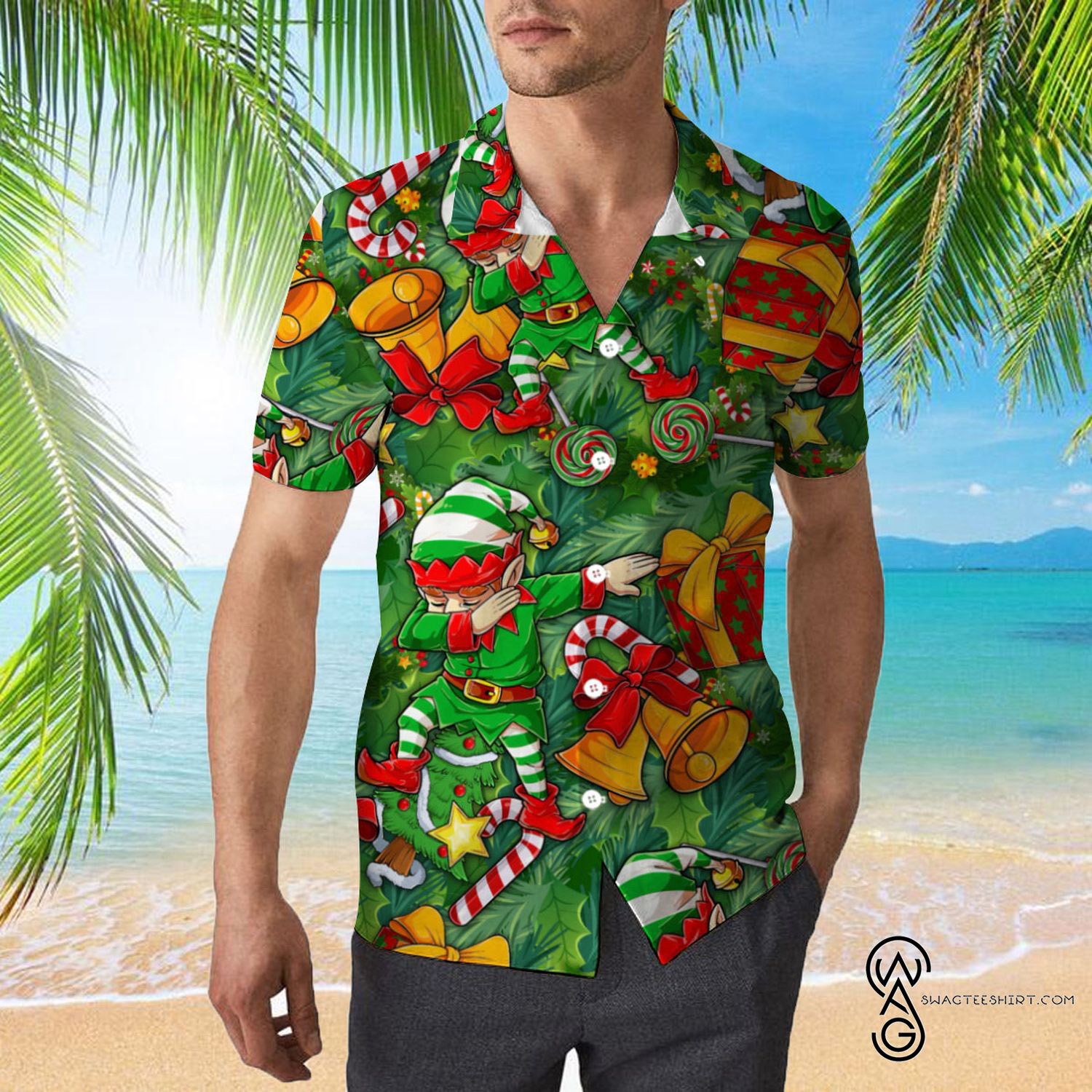 Elf Dabbing Dance Christmas Pattern Hawaiian Aloha Shirt