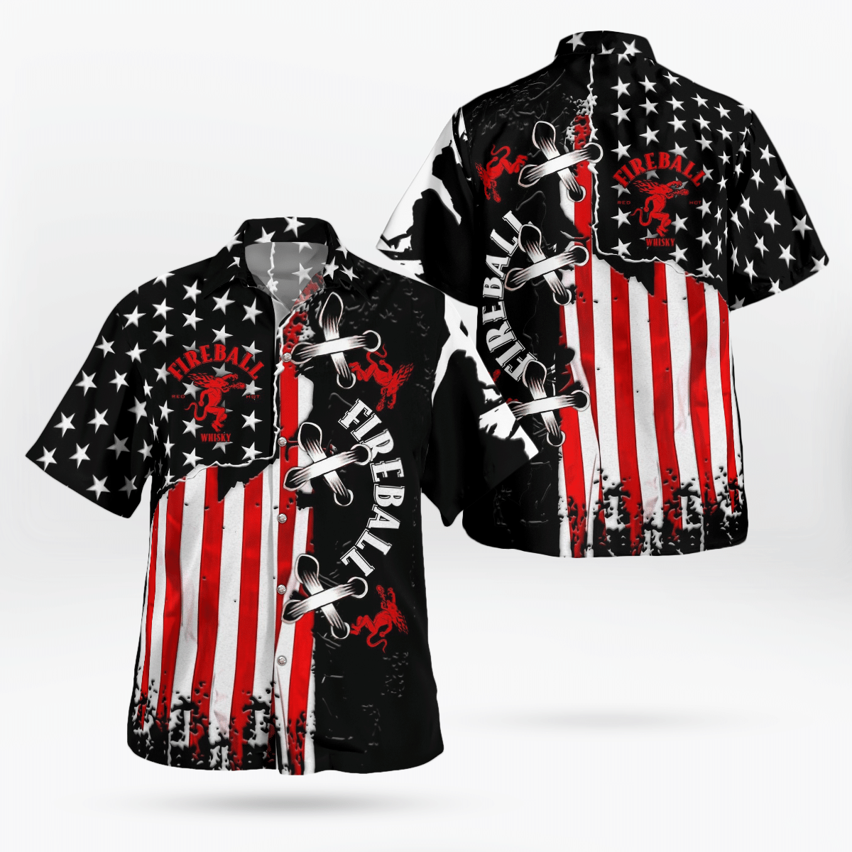 Fireball Red Hot Whiskey American Flag Hawaiian Shirt