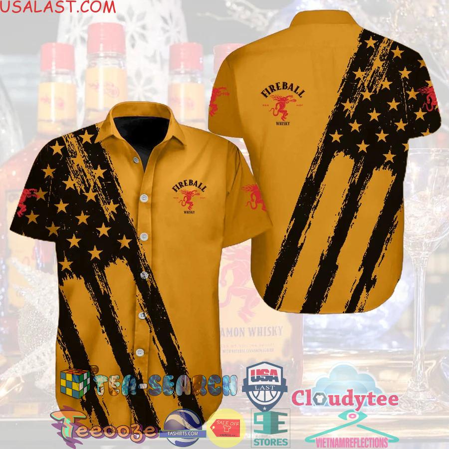 Fireball Whiskey American Flag Aloha Summer Beach Hawaiian Shirt