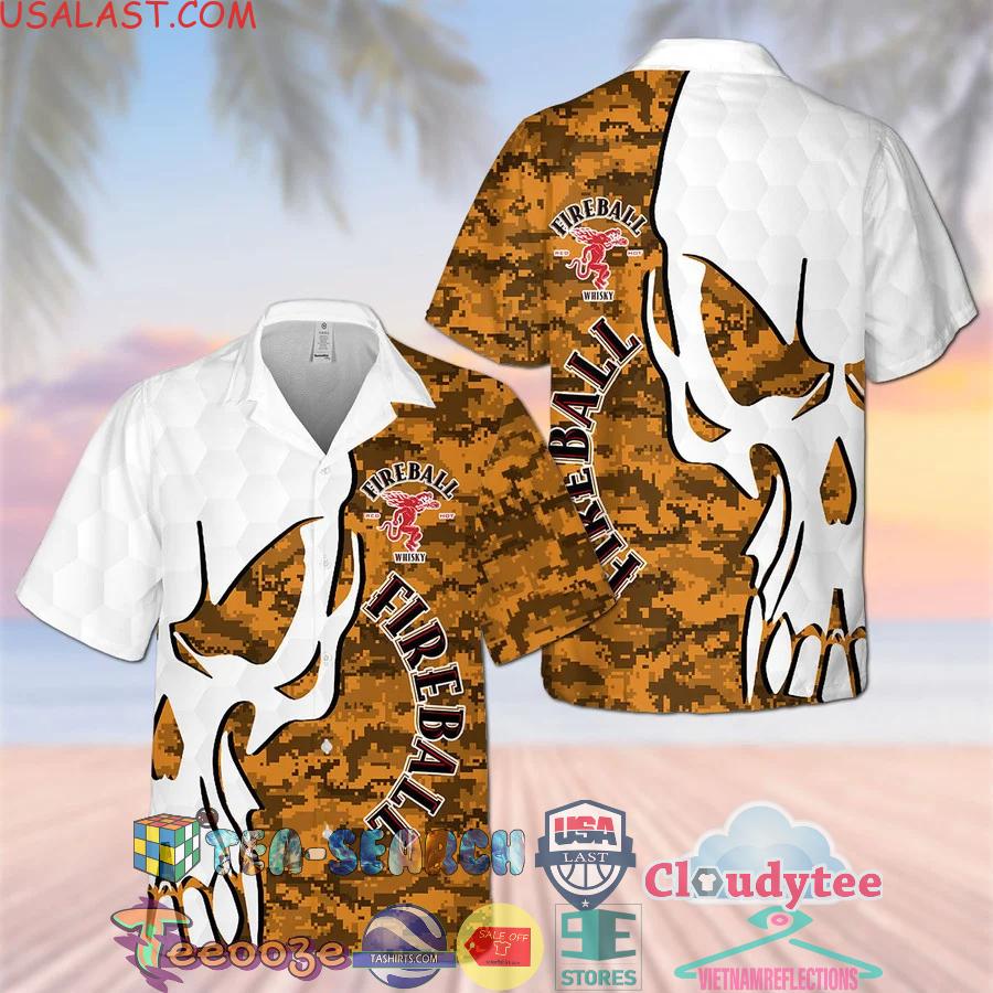 Fireball Whisky Skull Camo Aloha Summer Beach Hawaiian Shirt