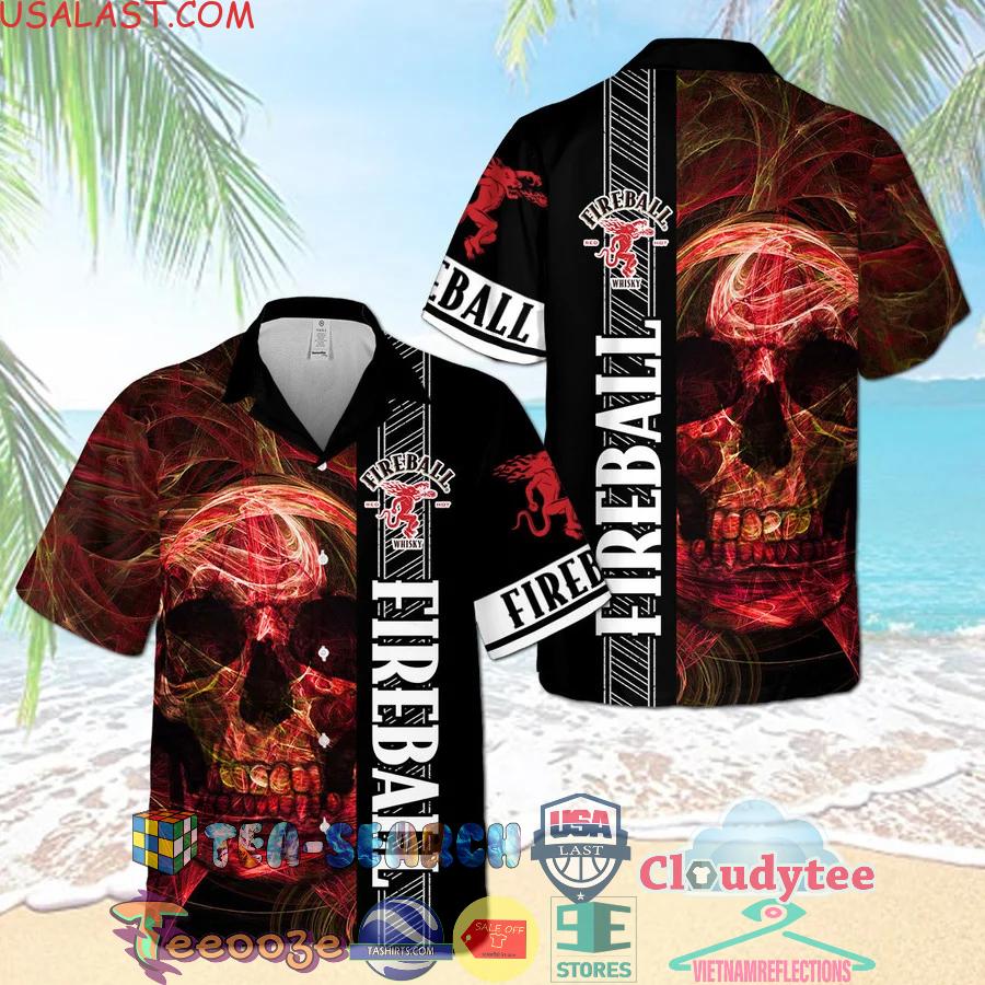 Fireball Whisky Smoky Red Skull Aloha Summer Beach Hawaiian Shirt