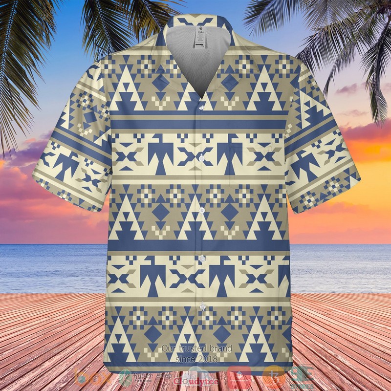 Native American Bird Pattern Blue Hawaiian Shirt