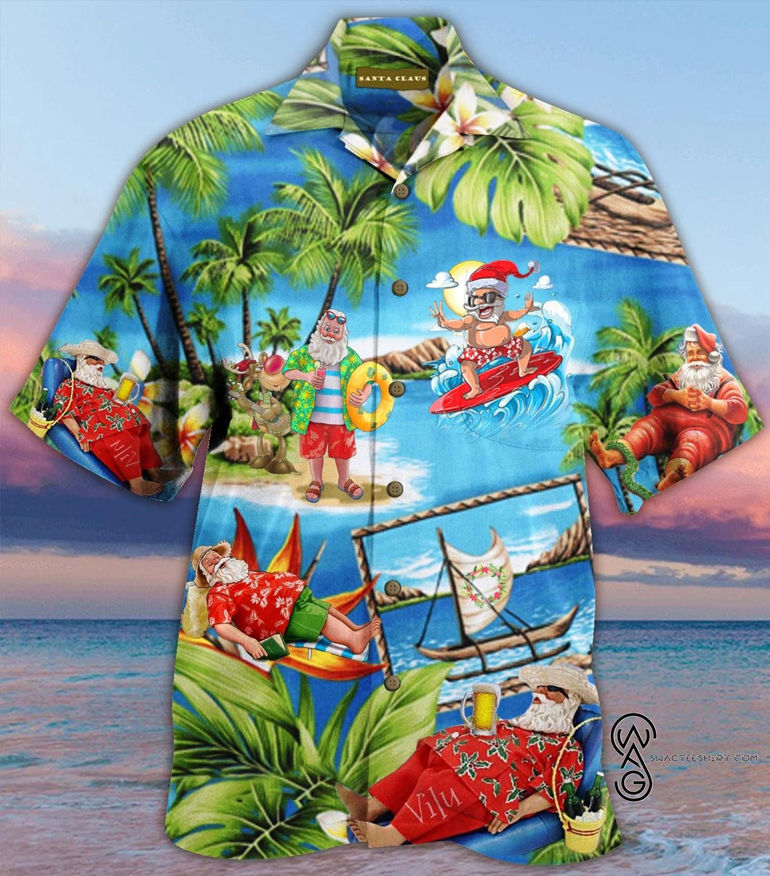 Santa Claus On Beach Christmas Hawaiian Aloha Shirts