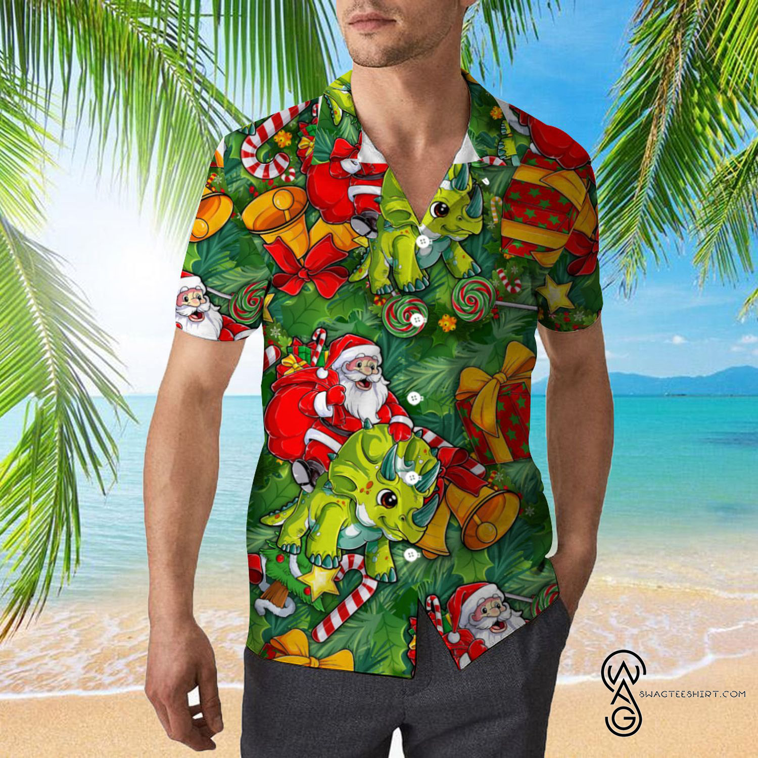 Santa Riding Dinosaur Christmas Pattern Hawaiian Aloha Shirt