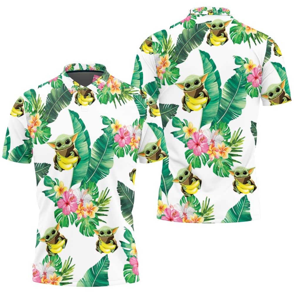 Baby Yoda Hugging Bananas Seamless Tropical Leaves Colorful Flowers On ...