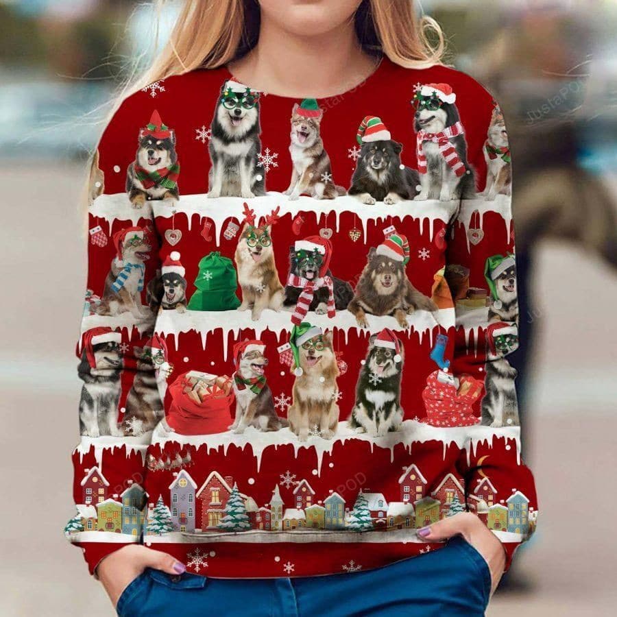 Finnish Lapphund Christmas Warmth Thicken Sweater Shirt Print Sweater Shirt