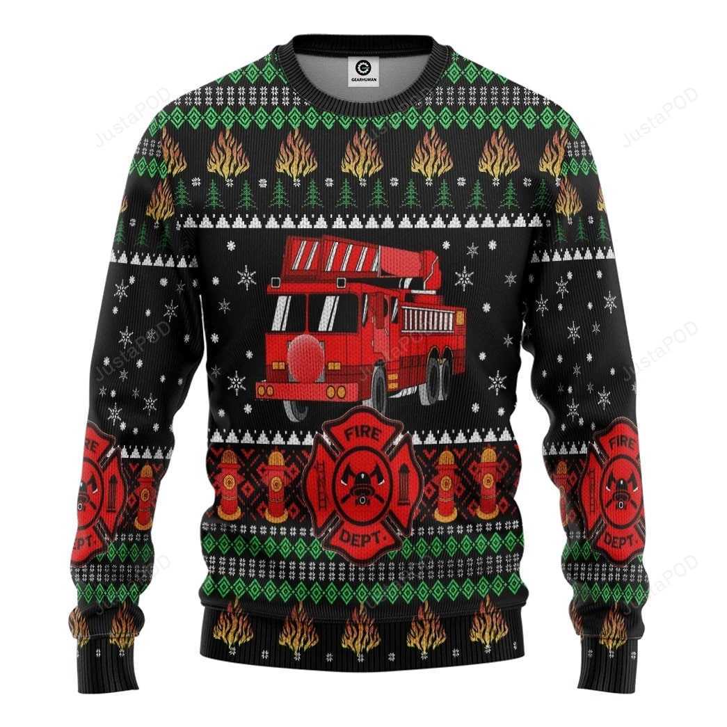 Firefighter Truck Christmas Warmth Thicken Sweater Shirt Print Sweater Shirt