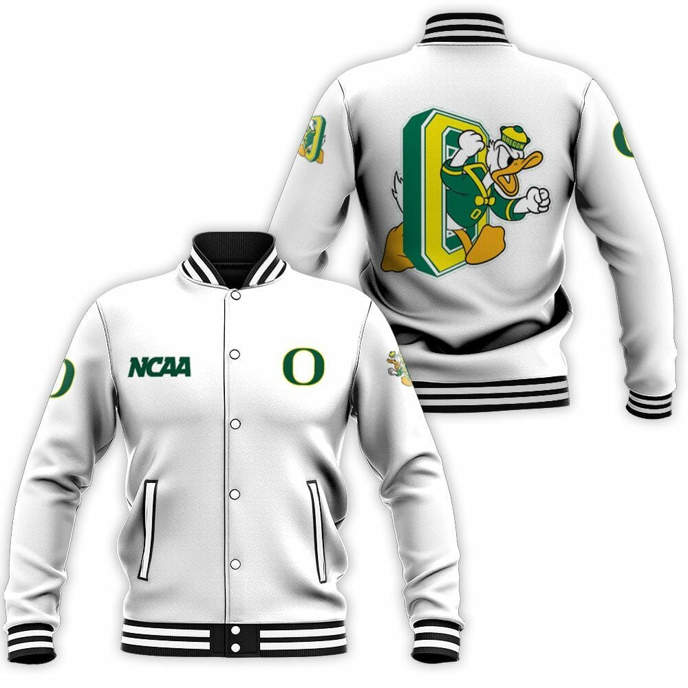 NCAA Oregon Ducks White Baseball Jacket - HomeFavo