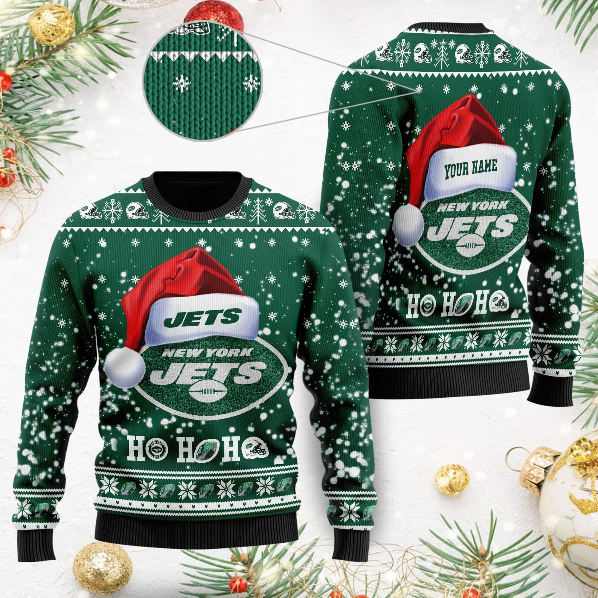 New York Jets Symbol Wearing Santa Claus Hat Ho Ho Ho All Over Print Thicken Sweater HFV 1