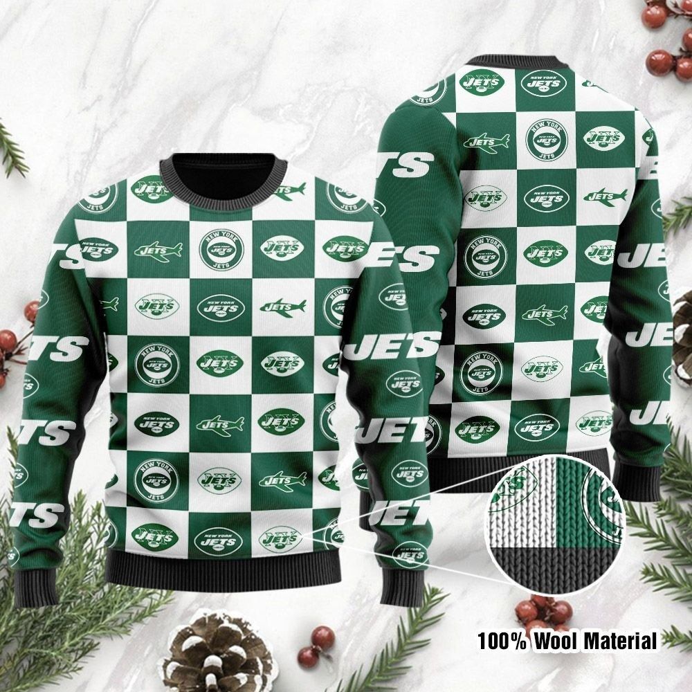New York Jets Thicken Sweater Shirt Logo Checkered Flannel Christmas All Over Print Thicken Sweater, Christmas Sweaters 1