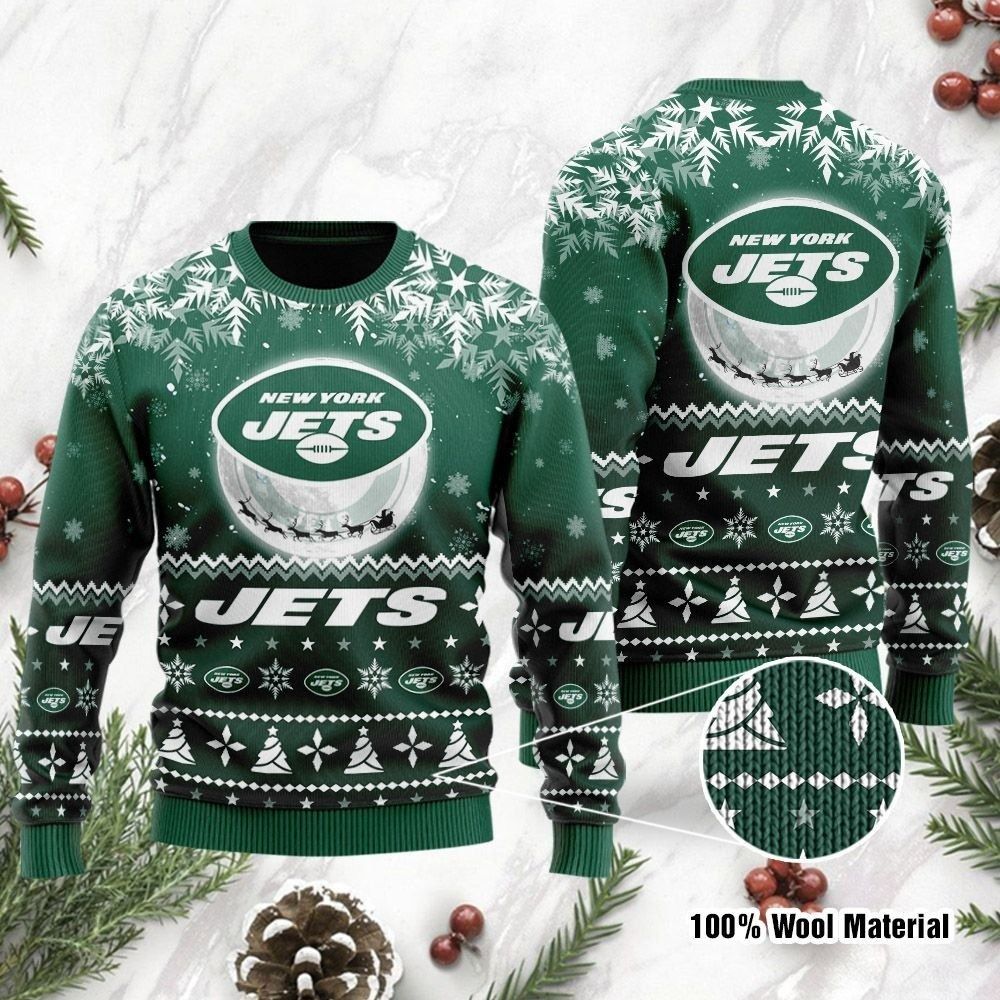 New York Jets Thicken Sweater Shirt Santa Claus In The Moon Christmas All Over Print Thicken Sweater, Christmas Sweaters 1