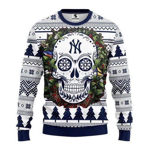 New York Yankees Skull Flower All Over Print Thicken Sweater 1