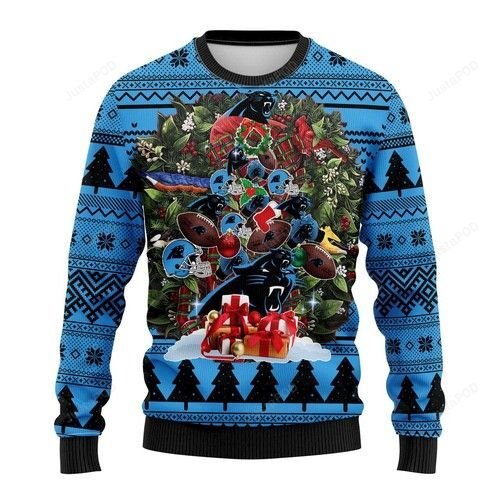 NFL Carolina Panthers Tree Christmas All Over Print Thicken Sweater 1