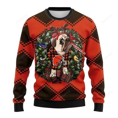 NFL Cleveland Browns Pug Dog All Over Print Thicken Sweater 1