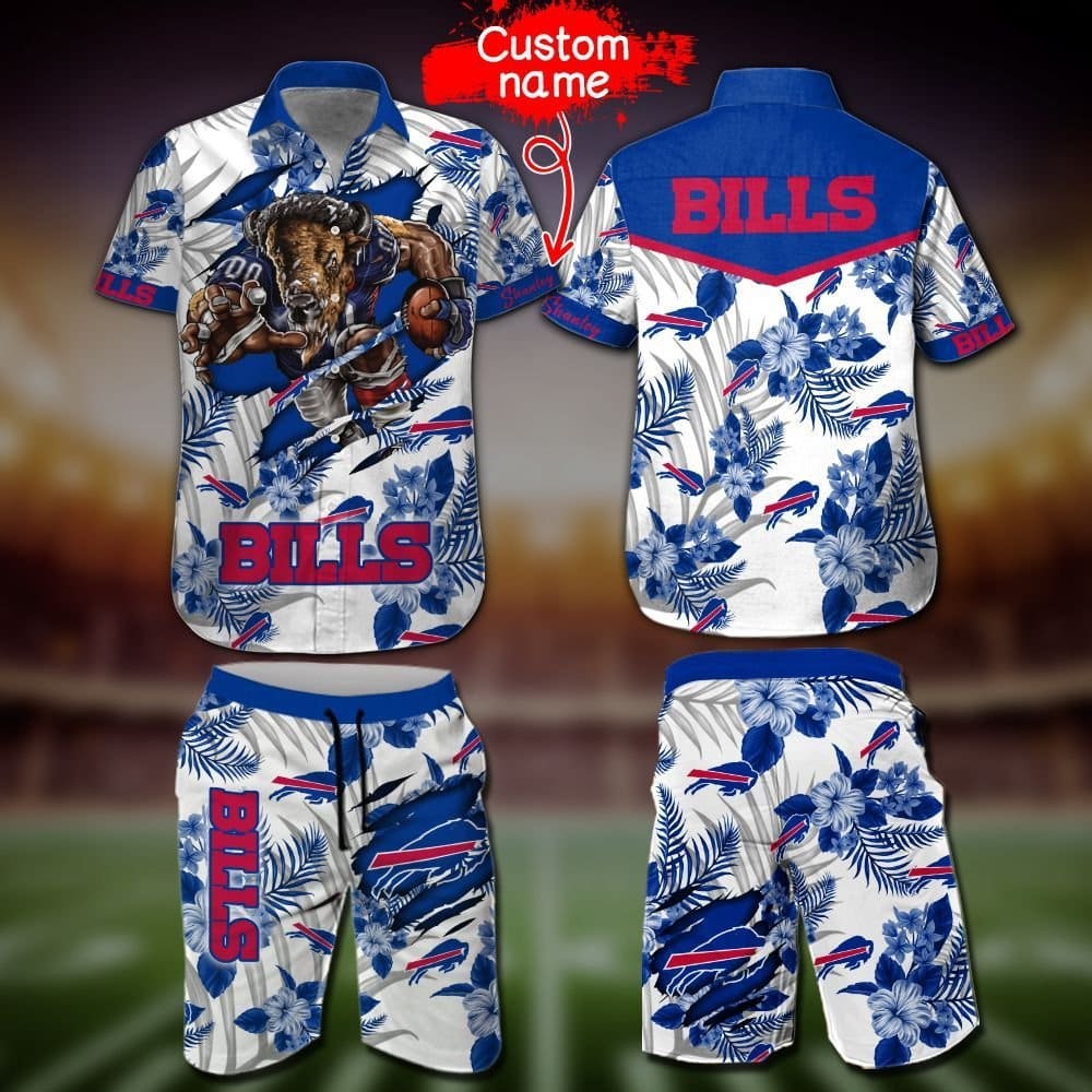 NFL Buffalo Bills Hawaiian Shirt & Short  T-Shirt Hawaiian Pattern Print Mascot 0345